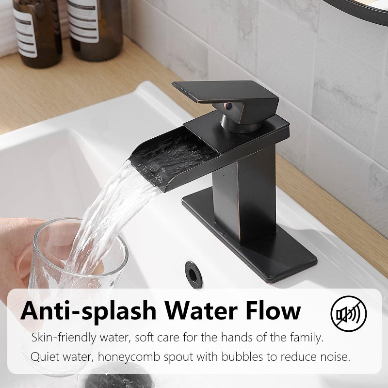 BATHLAVISH Oil Rubbed Bronze Waterfall Bathroom Faucet Single Hole Bathroom Sink Faucet Modern Single Handle Vanity Lavatory Faucets with Pop Up Drain Lavatory Mixer Tap - Image 4